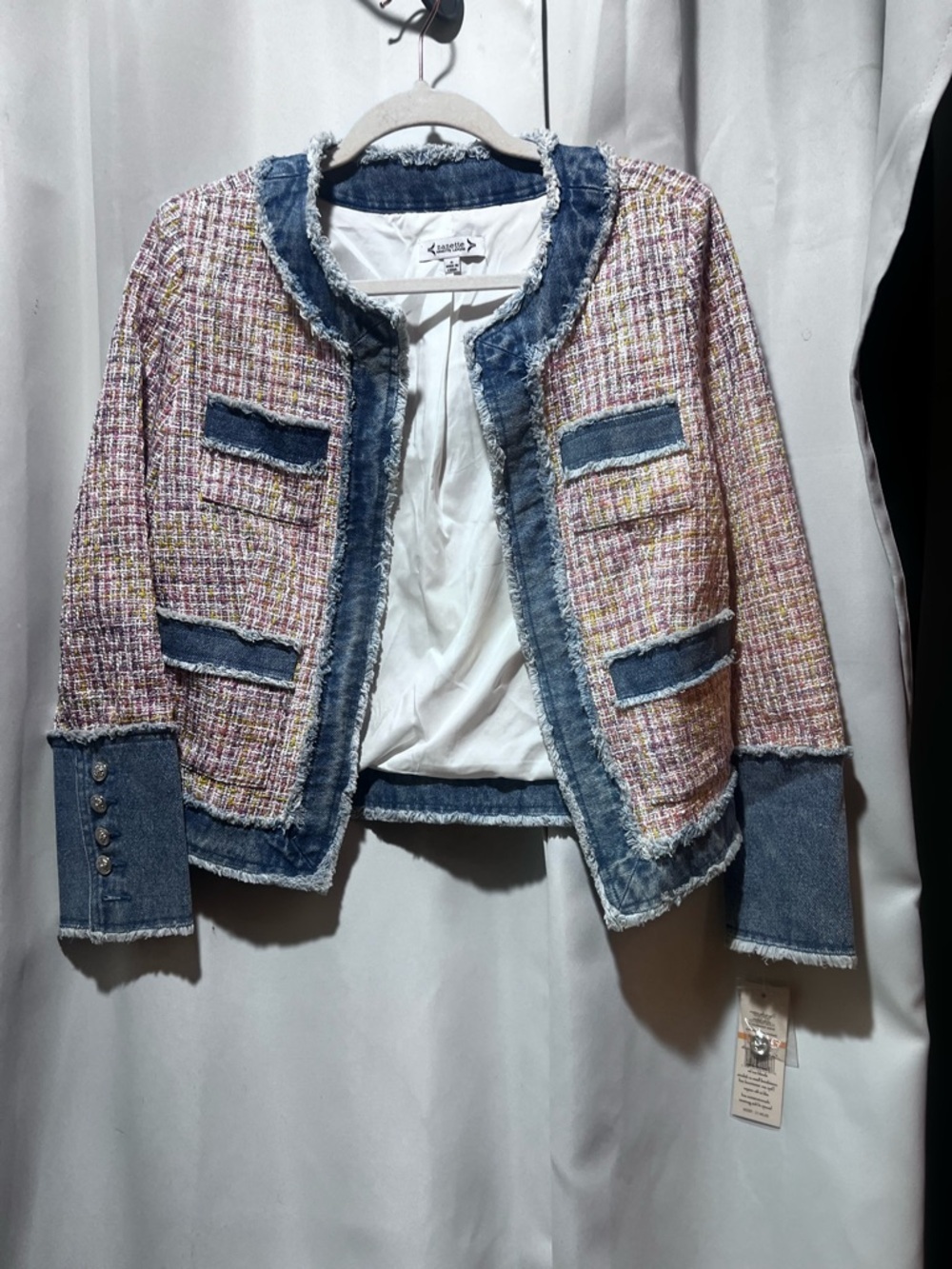 Nanette Lepore NWT Tweed Denim Trim Cropped Jacket Blazer Chanel Inspired - Picture 2 of 8